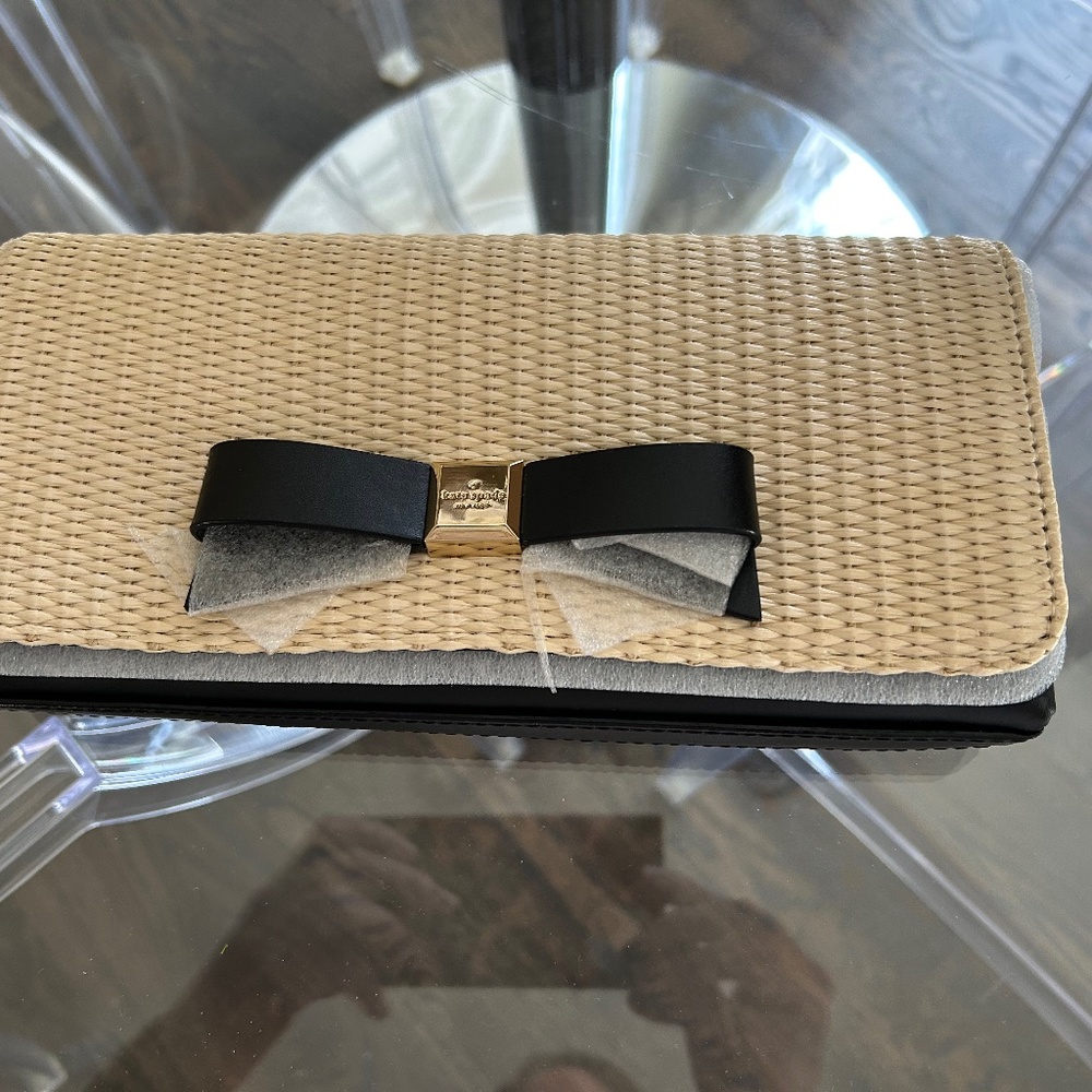 NEW KATE SPADE RAFFIA AND BLACK LEATHER CLUTCH BAG